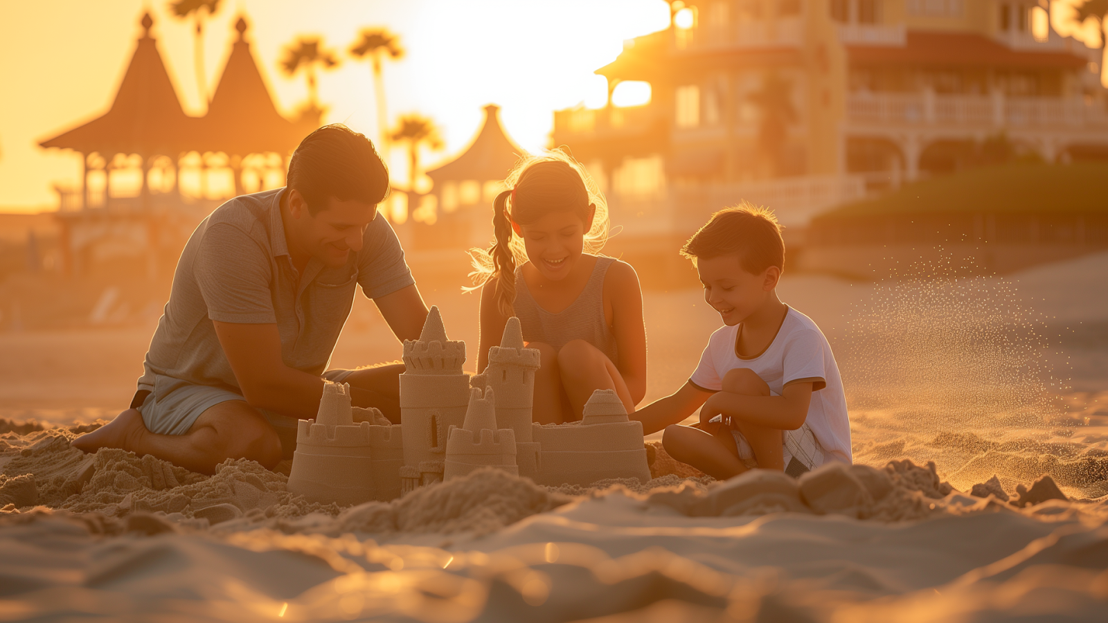 Family enjoying a sunset while building a sandcastle at Coronado Beach, with the historic Hotel del Coronado in the backdrop.