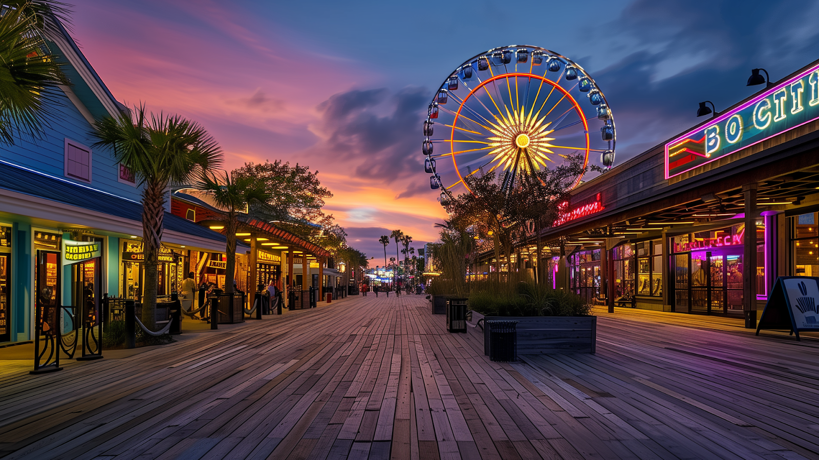 Evening life on Myrtle Beach boardwalk with the SkyWheel illuminating the background.