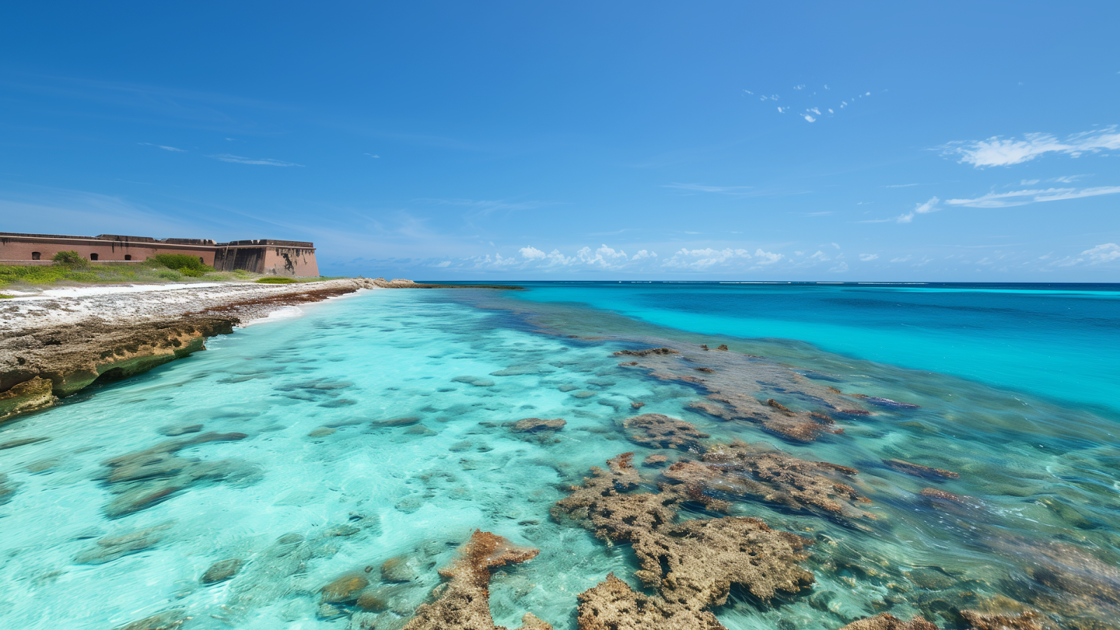 Medium shot view of Fort Jefferson amidst the crystal-clear waters of Dry Tortugas National Park, showcasing its secluded beauty.