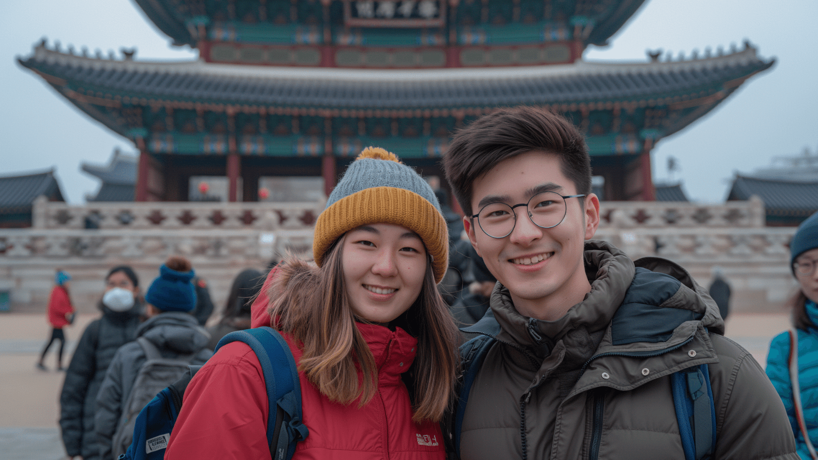 Smiling couple in winter wear at Gyeongbokgung Palace in South Korea, a must-visit for Asia travelers
