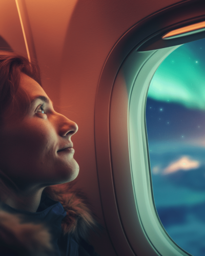 A woman gazing at the Northern Lights from a plane