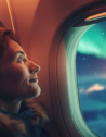 A woman gazing at the Northern Lights from a plane