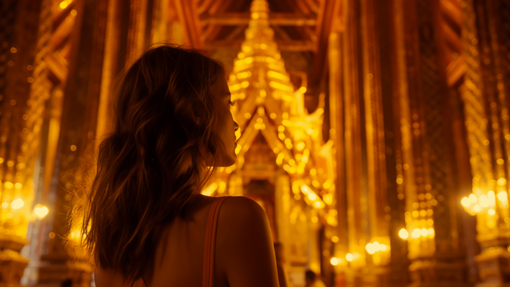 A woman captivated by the golden glow of a Bangkok temple