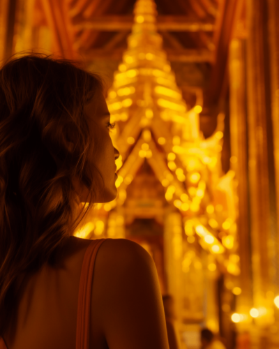 A woman captivated by the golden glow of a Bangkok temple