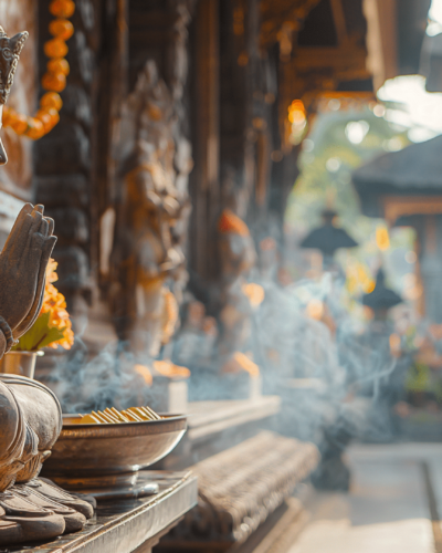 A stone statue in the serene ambiance of a Bali temple