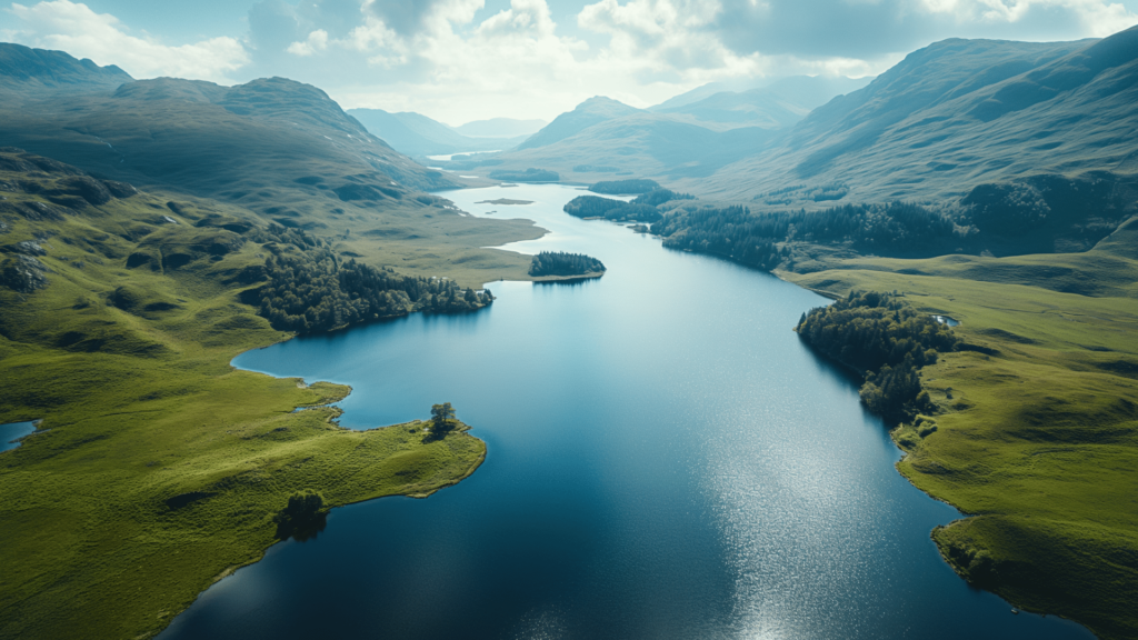 Serene views of a vast loch surrounded by rolling hills in the Scottish Highlands