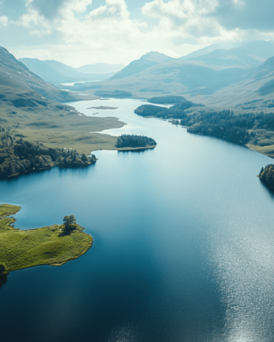 Serene views of a vast loch surrounded by rolling hills in the Scottish Highlands