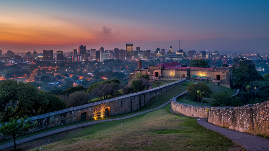 Dusk at Constitution Hill in Johannesburg, the historic fort lit up with the modern city skyline in the background.