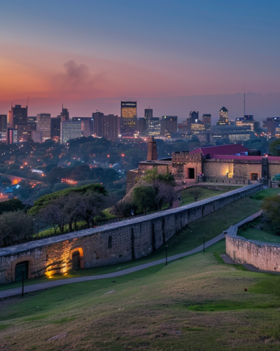 Dusk at Constitution Hill in Johannesburg, the historic fort lit up with the modern city skyline in the background.