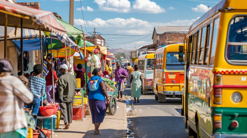 Lively street scene in Soweto, Johannesburg, featuring local vendors and colorful mini buses bustling with activity.