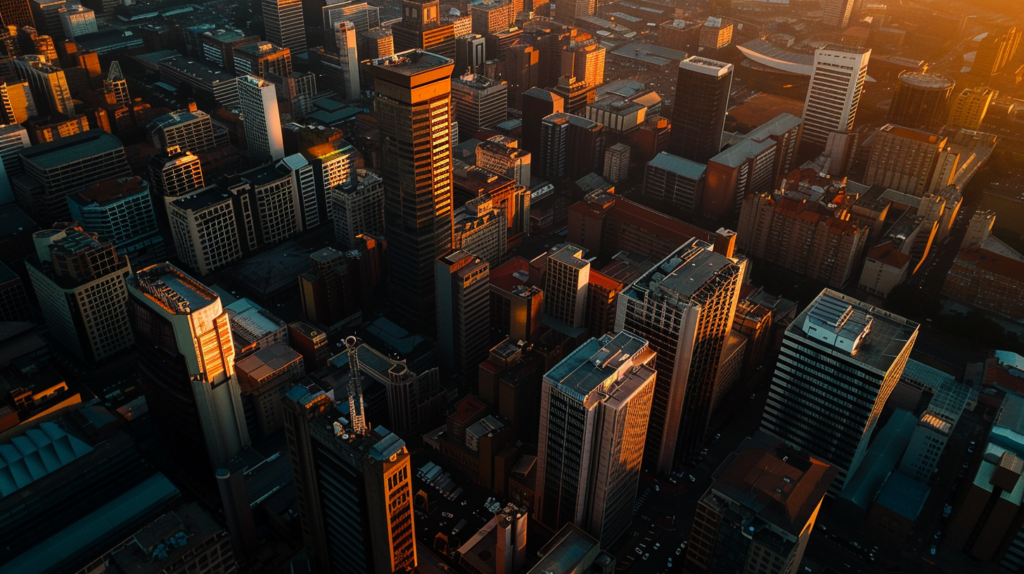 Sunset aerial view of Johannesburg city center, high-rise buildings and warm glowing lights.