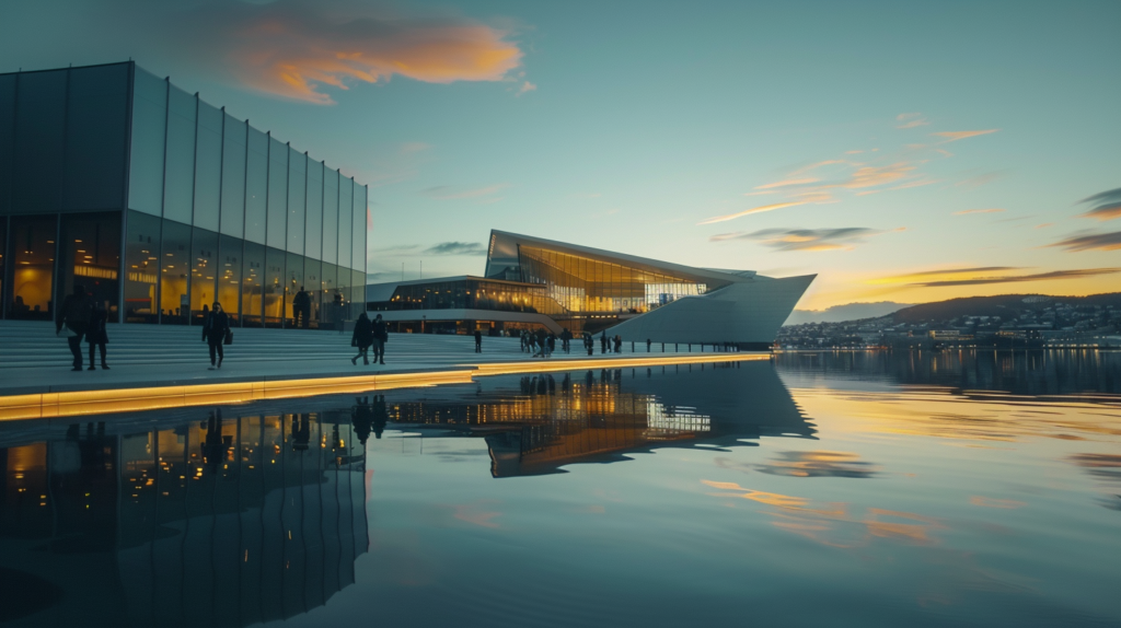 Golden hour at Oslo Opera House with clear reflections in the water and people milling about the area.