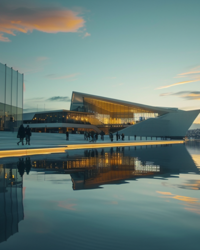 Golden hour at Oslo Opera House with clear reflections in the water and people milling about the area.