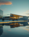 Golden hour at Oslo Opera House with clear reflections in the water and people milling about the area.