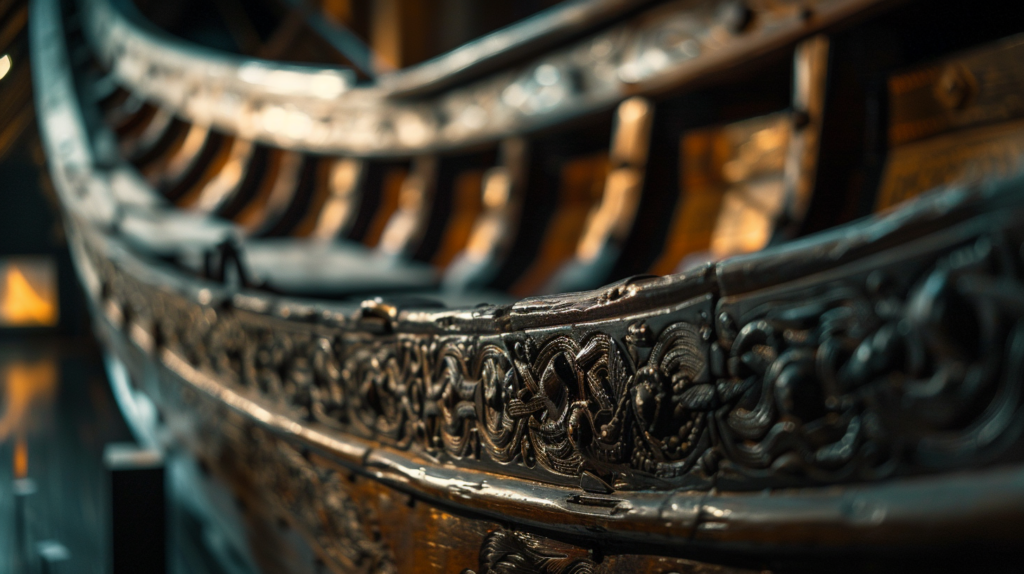 Detailed view of a traditional Viking ship with intricate carvings in the Viking Ship Museum, Oslo.