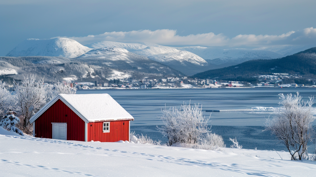 Snowy fjord scene near Oslo with a lone red cabin by the water and mountains in the background.