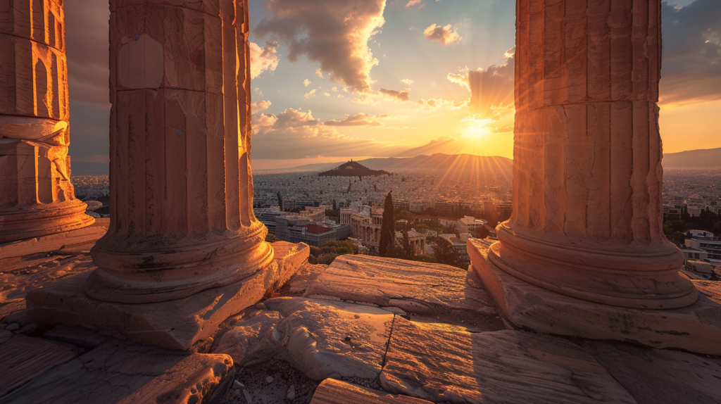 Sunset over the Acropolis with the Parthenon and Athens skyline, ancient columns illuminated by warm sunlight.