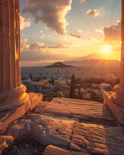 Sunset over the Acropolis with the Parthenon and Athens skyline, ancient columns illuminated by warm sunlight.