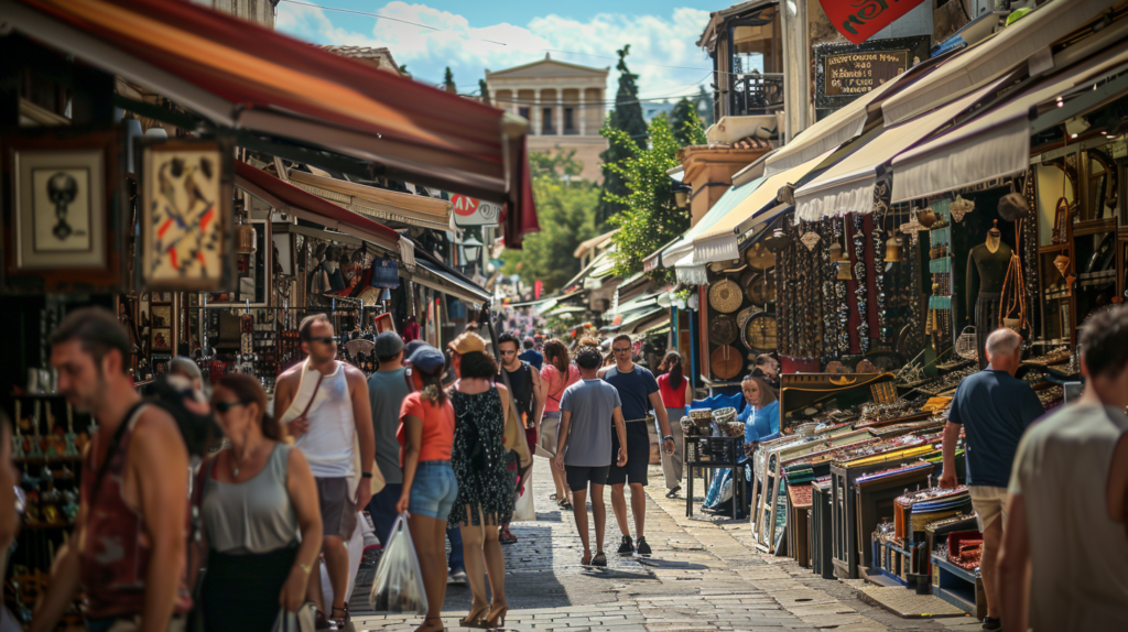 Vibrant scene at Monastiraki Flea Market in Athens with locals and tourists shopping at stalls filled with antiques and crafts.