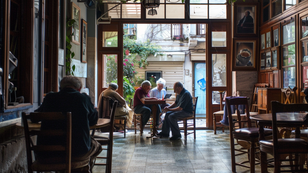 Elderly locals playing backgammon in a traditional Greek coffee house in Plaka, Athens, surrounded by quaint architecture.