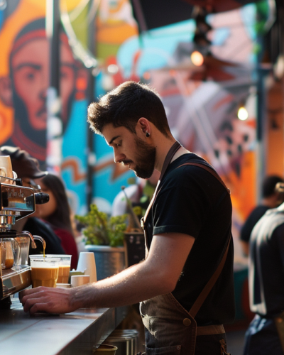 Busy Melbourne laneway cafe scene with a barista preparing coffee and patrons enjoying their morning brew amid vibrant street art.