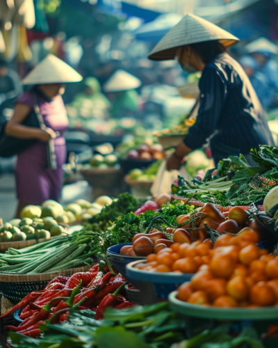 Early morning at a bustling street market in Hanoi, with vendors selling vibrant fresh produce and street food.