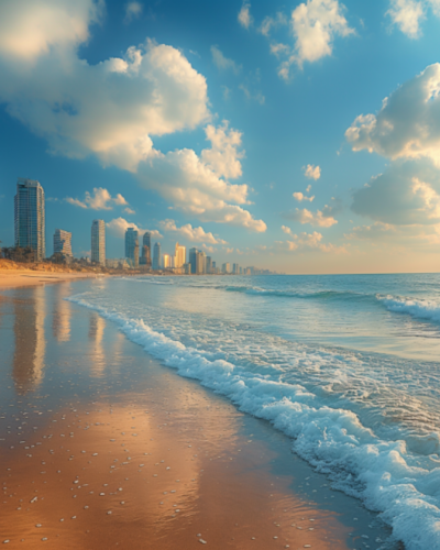 View of a sandy beach with the bustling skyline of Tel Aviv in the background.