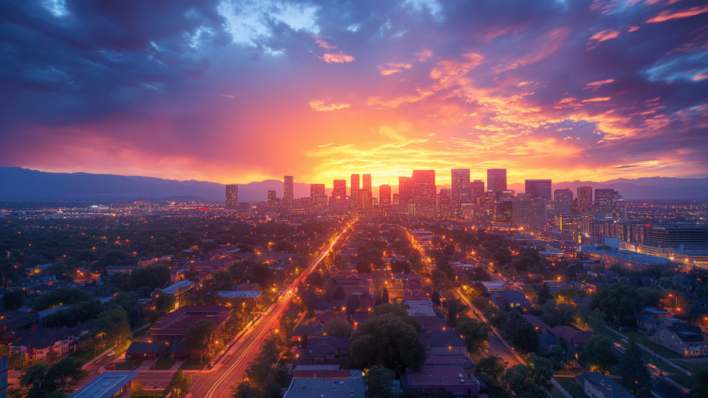 Sunset over Denver skyline with the Rocky Mountains in the background.