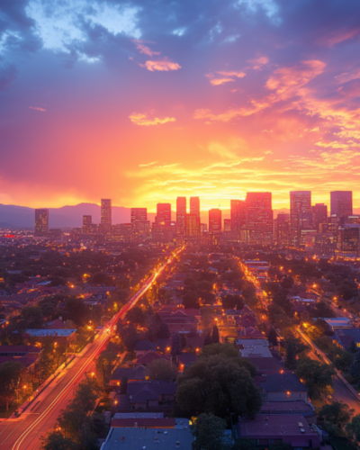 Sunset over Denver skyline with the Rocky Mountains in the background.