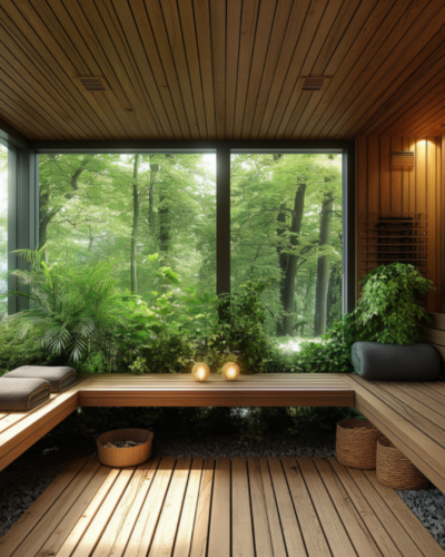 Serene Finnish sauna in woodland setting near Helsinki.