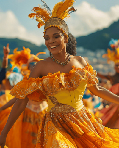 Dancers in vibrant carnival costumes