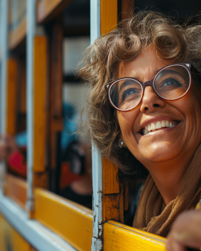 Joyful woman riding a historic tram in Lisbon, Portugal