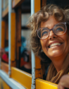 Joyful woman riding a historic tram in Lisbon, Portugal