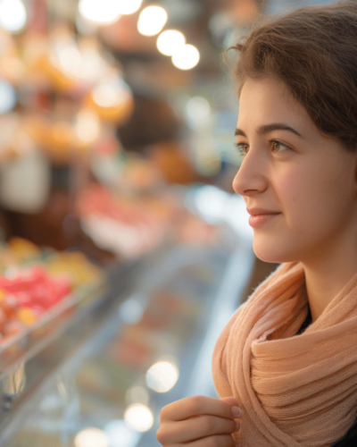 Young woman admires sweets at a bazaar in Istanbul