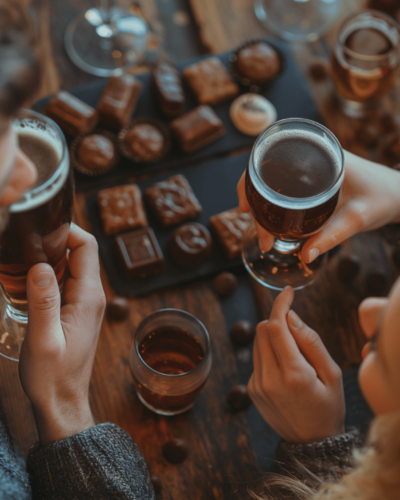 A couple enjoying a chocolate and beer pairing session