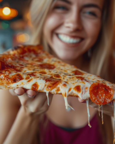 Woman enjoying a slice of deep-dish pizza in Chicago