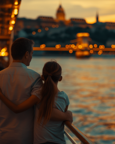 A father and daughter on an evening cruise on the Danube River