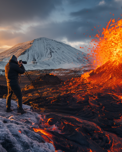 People photographing an erupting volcano.