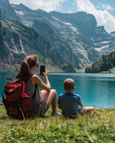 Mother and son resting by a mountain lake.