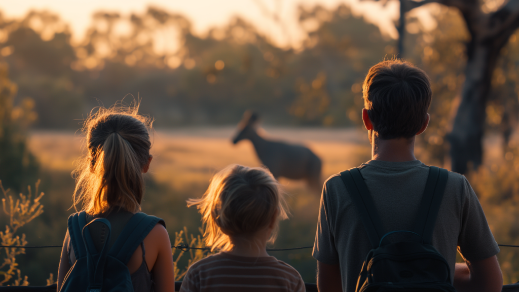 Family observing a kangaroo from a distance.