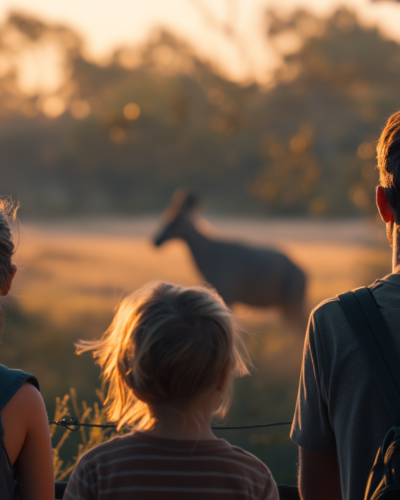 Family observing a kangaroo from a distance.