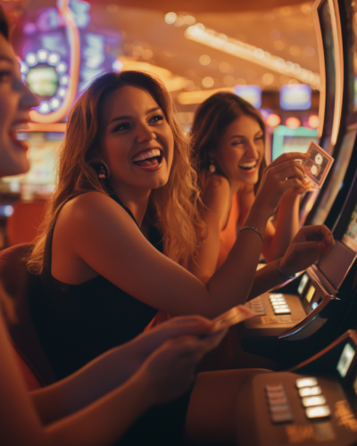 Women enjoying slots in a Las Vegas casino.