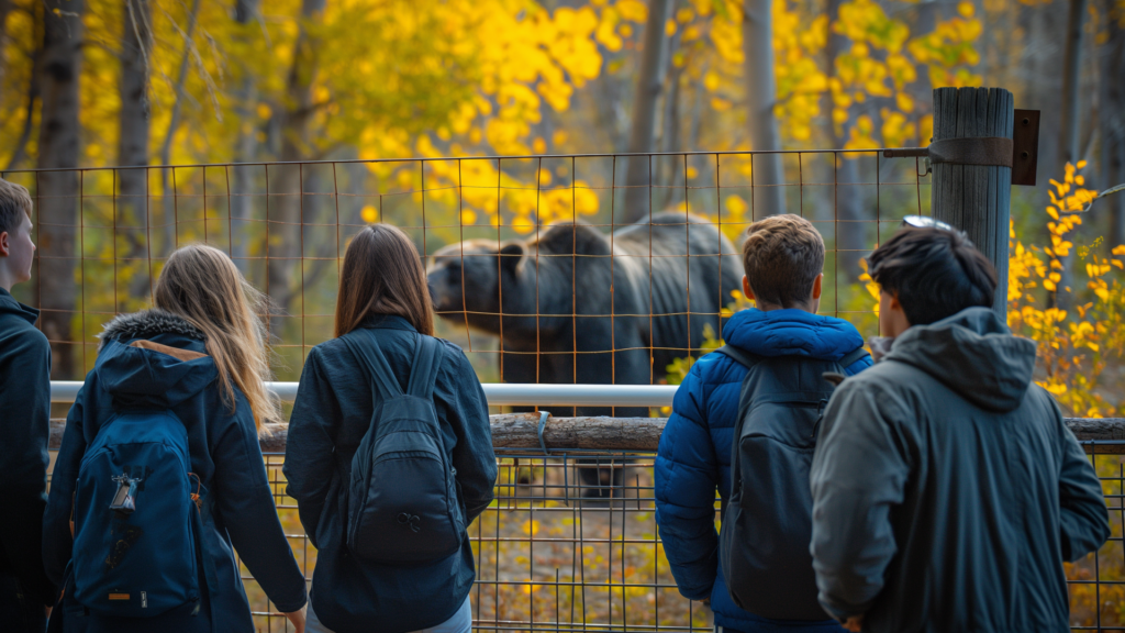 Group observing a bear from a safe distance.