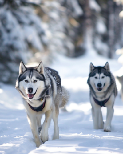 Alaskan malamutes walking on the snow