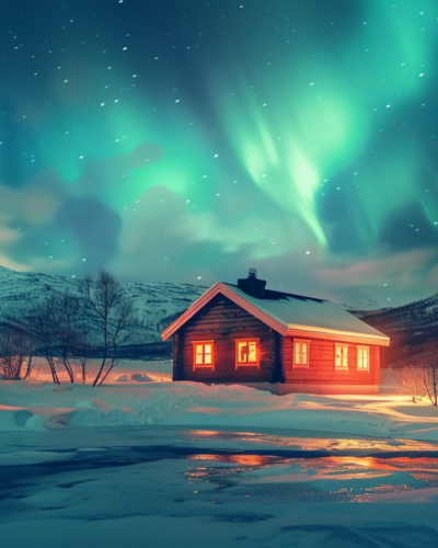 Northern lights illuminating the sky above a snowy landscape in Norway.