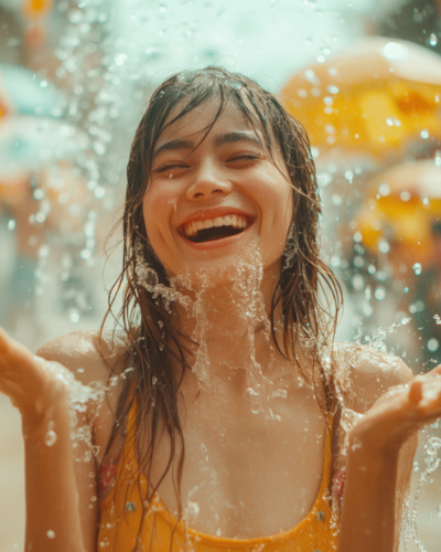 Woman enjoying a water fight during Songkran festival in Thailand