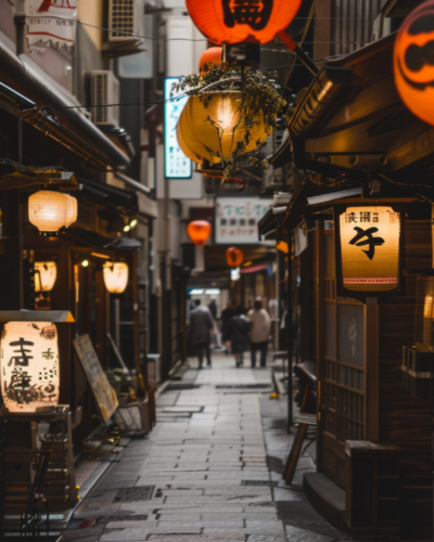 A narrow, stone-paved alley lined with traditional izakaya in Osaka, Japan