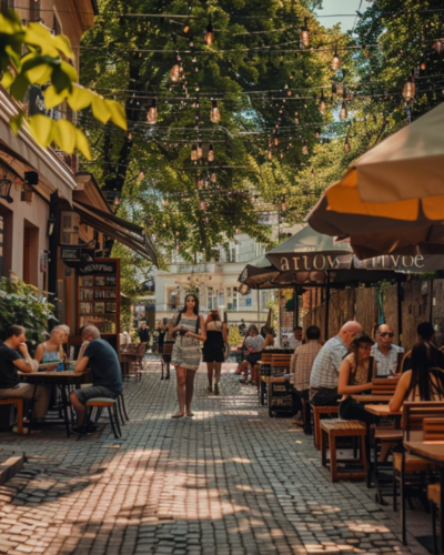 People dining al fresco in Warsaw, Poland during summer