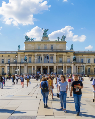 People walking in front of the Presidential Palace, an instagrammable spot in Warsaw, Poland