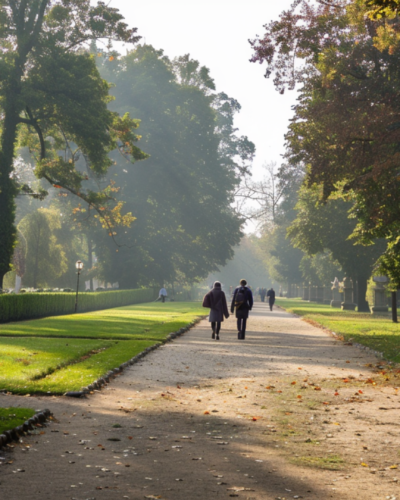 Two people walking along the pathways of Wilanow Palace in Warsaw, Poland